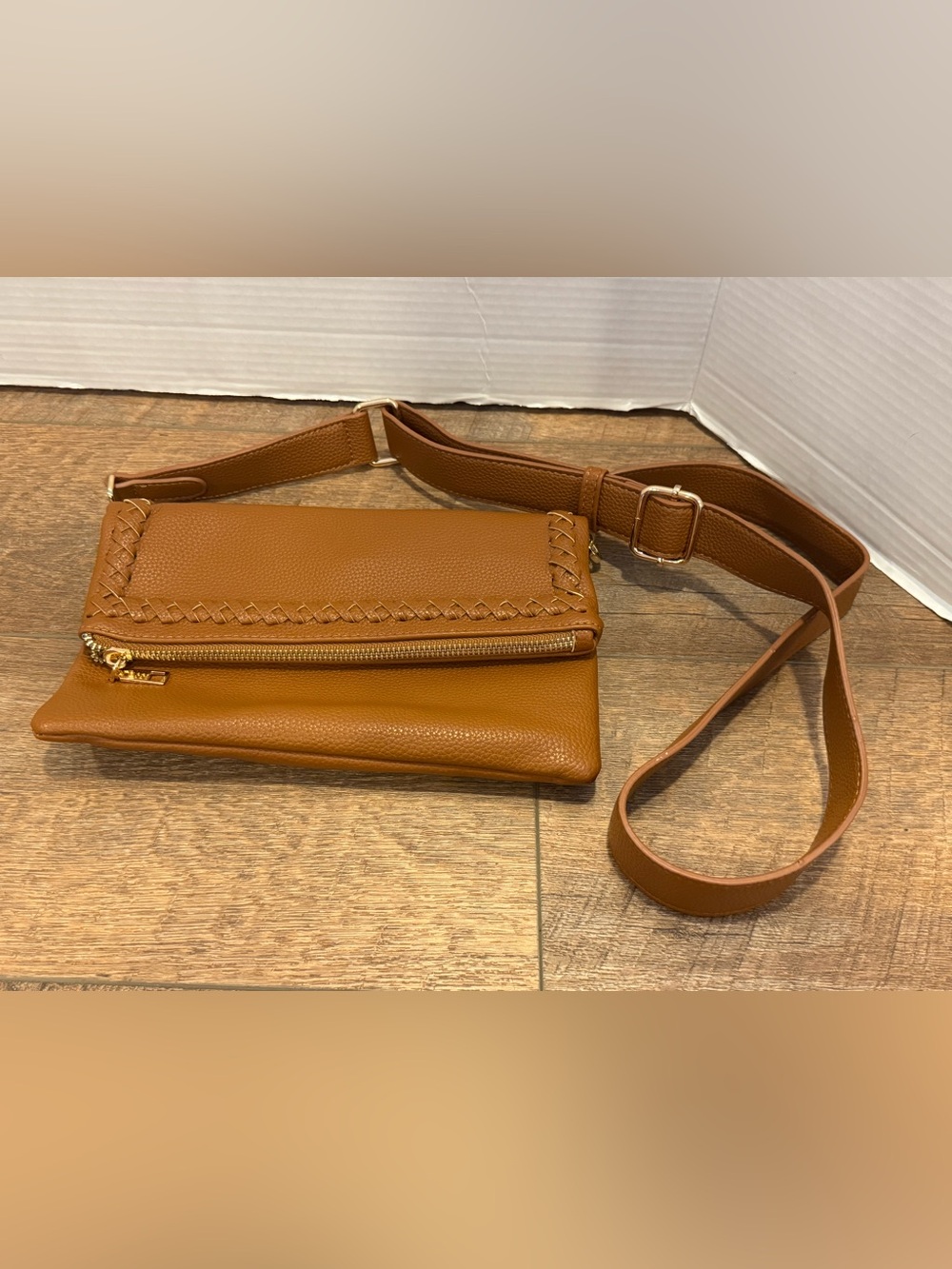 ISABELLE HANDBAGS Laurel Cross Stitch Border Accent Flap Tan Crossbody Bag Purse